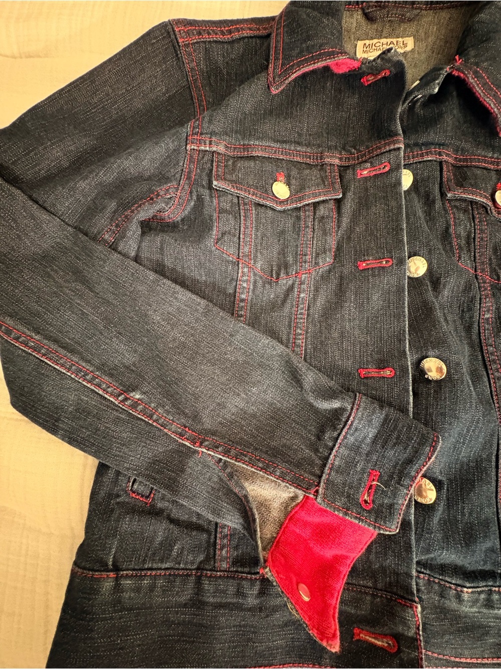 Michael Kors Dark Denim Jacket with pink Stitching